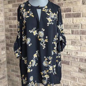 Torrid Black & Mustard Yellow Floral Semi Sheer Blouse